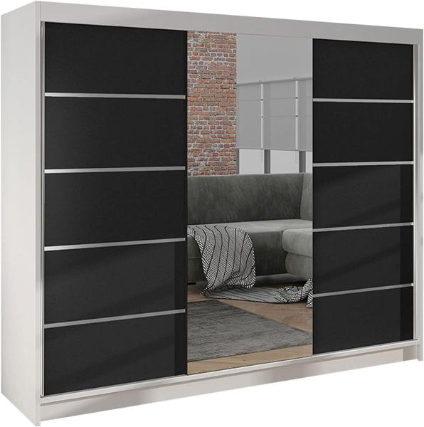 'Dotan VI' Schiebetürenschrank mit Spiegel, Holz weiß/schwarz, 200 x 215 x 58 cm