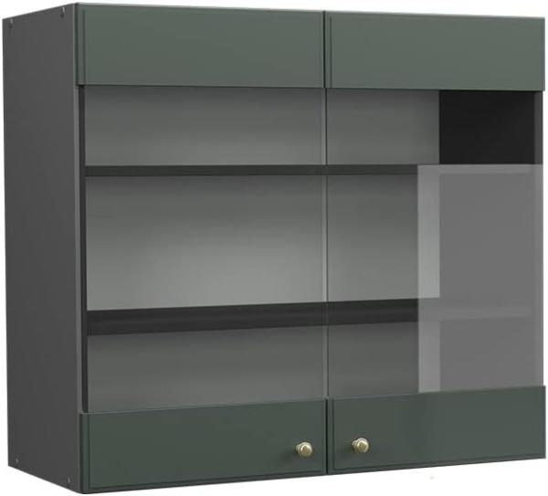 Vicco Küchenschrank Küchenmöbel Fame-Line Landhaus Küche Einbauküche Küchenzeile Blende Unterschrank Hochschrank Hängeschrank (Anthrazit-Grün-Gold, Hängeglasschrank 80 cm)