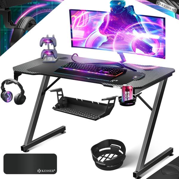 KESSER® Gaming Tisch LED | Z-Form Gamer Schreibtisch | Kopfhörerhaken & Kohlebeschichtung | Ergonomischer PC Computertisch | Stabiler Tisch mit Mauspad & Getränkehalter 120 x 60 cm, Schwarz Carbon