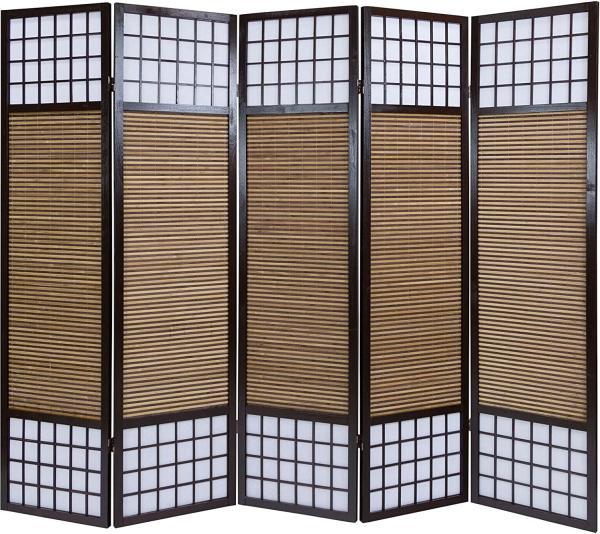 Holz Paravent 5 teilig Raumteiler Braun spanische Wand mit Bambus Faltbar