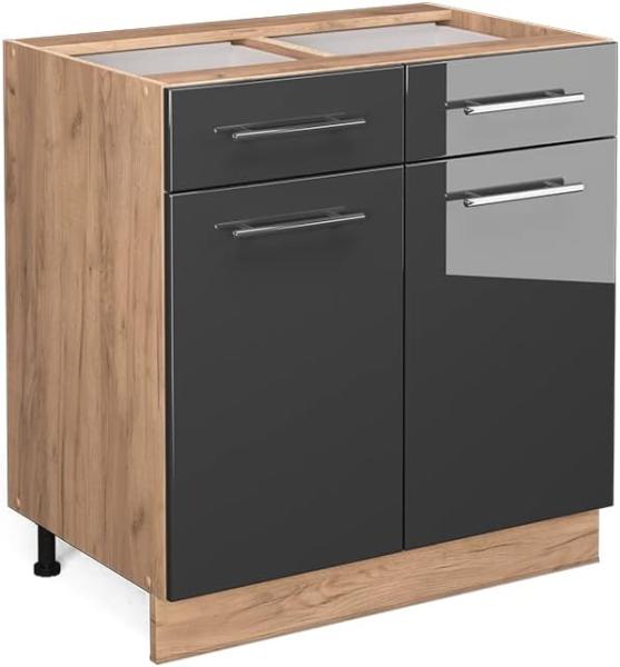 Vicco Küchenschrank Küchenmöbel Fame-Line modern Küche Einbauküche Küchenzeile Blende Unterschrank Hochschrank Hängeschrank Hochglanz (Eiche-Anthrazit, Schubunterschrank 80 cm)