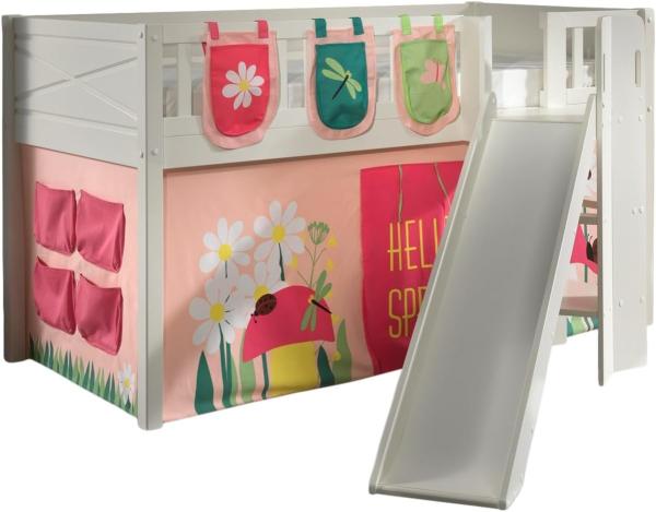 SCOTT Spielbett, LF 90 x 200 cm, mit Rolllattenrost, Rutsche, Leiter und Textilset Vorhang und 3 Taschen "Spring"