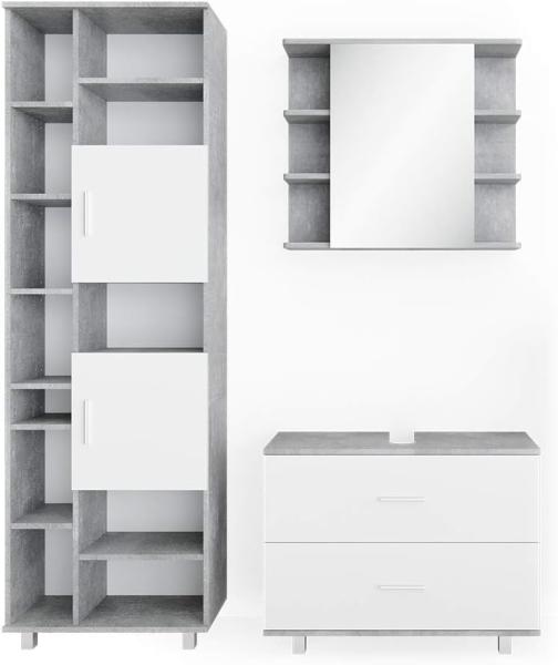 VICCO Badmöbel Set ILIAS Weiß Beton, Weiß/Beton, mit Spiegelschrank, Unterschrank, Hochschrank