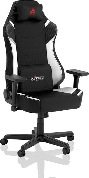NITRO CONCEPTS X1000 Gaming Stuhl Bürostuhl Ergonomisch Schreibtischstuhl Drehstuhl mit Rollen Gaming Sessel Gaming Chair Pc Stoffbezug Belastbarkeit 135 Kilogramm - Schwarz/Weiß