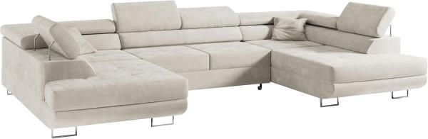 Ecksofa, Wohnzimmer U Couch, Polstersofa mit Bettkasten - GUSTAW-U - Hellbeige Velours