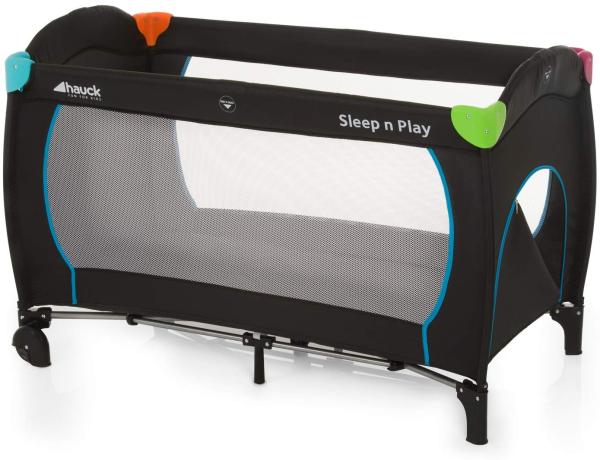 Hauck Sleep N Play Go Plus Kombi-Reisebett, 4-teilig, ab Geburt bis 15 kg, inkl. Gesetzl. Schlupf, Rollen, Matratze, Tragetasche, mehrfarbig schwarz