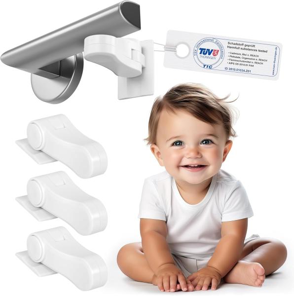 Sweet Safety® Baby Türklinkensicherung – Bombenfest – TÜV Schadstoff geprüft – Türdrückerschloss Kindersicherung für Türklinken und Türgriff – 4 Stück