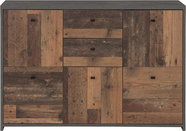 FORTE Best Chest Kommode mit 5 Türen und 2 Schubkästen, Holzwerkstoff, Old-Wood Vintage kombiniert mit Betonoptik, 114,1 cm x 77,5 cm x 29,6 cm