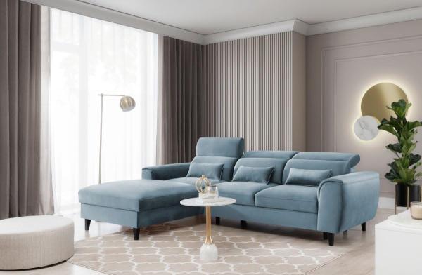 Designer Sofa Forino mit Schlaf- und Klappfunktion Hellblau Links