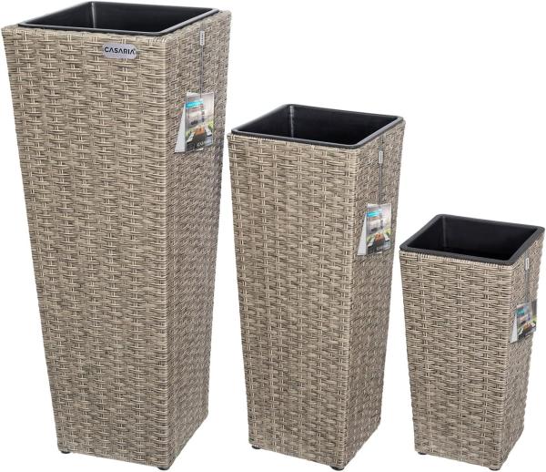 Casaria Poly Rattan Blumentopf mit Wasserabfluss Creme - 3er Set