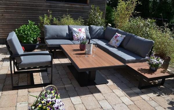 HPL Teak Gartenecklounge Beltona + 150x90 cm Lift Tisch höhenverstellbar + 1 Lounge Sessel