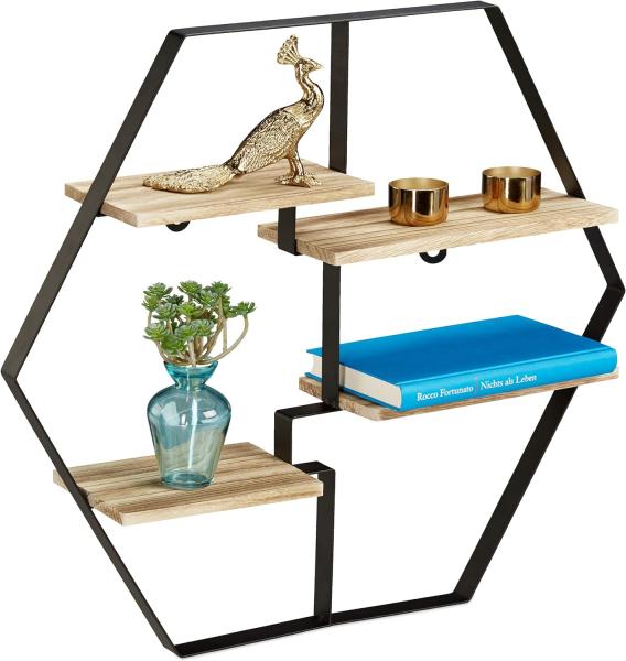 Relaxdays Hexagon Regal für die Wand, 4 Ablagen, Holz & Eisen, sechseckiges Wandregal HBT 52x60x12 cm, schwarz/natur