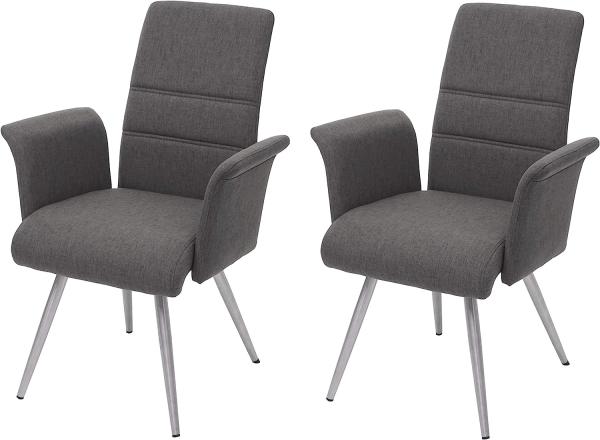2er-Set Esszimmerstuhl HWC-G55, Küchenstuhl Stuhl mit Armlehne, Stoff/Textil Edelstahl gebürstet ~ grau-braun