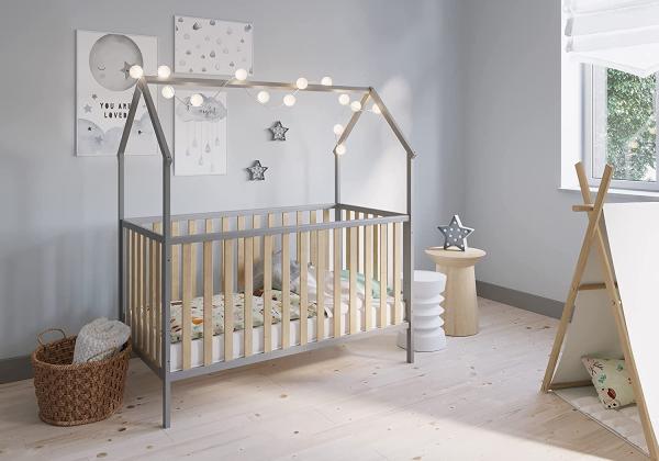 FabiMax 'Schlafmütze' Kinderbett, 70 x 140 cm, grau/natur, mit Matratze Comfort, Kiefer massiv, 3-fach höhenverstellbar, umbaubar