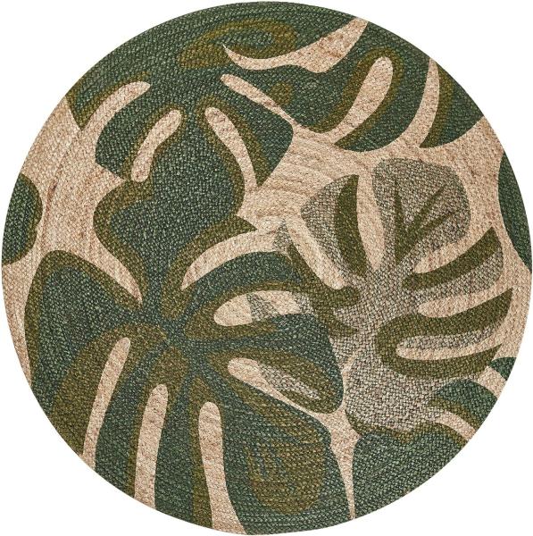Teppich Jute beige / grün ⌀ 140 cm Blattmuster Kurzflor BAYAT
