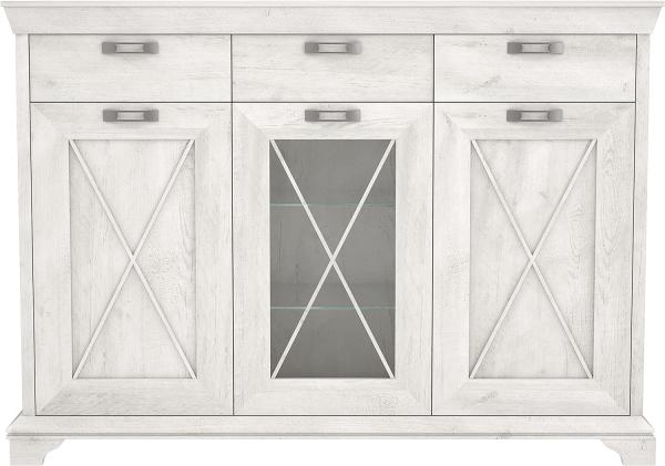 FORTE Kashmir Vitrine mit 2 Türen, 1 Glastür und 3 Schubladen, Holzwerkstoff, Pinie Weiß Dekor, 48,3 x 177,7 x 127,7 cm