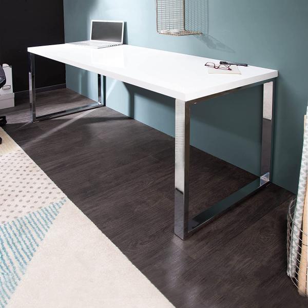 invicta INTERIOR Design Schreibtisch White Desk 140x60 cm Hochglanz Weiß Tisch Chromgestell Bürotisch