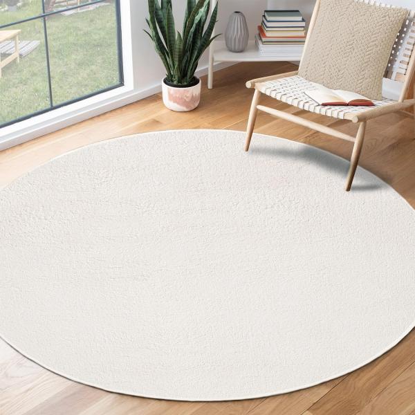 the carpet Relax Moderner Flauschiger Kurzflor Teppich, Anti-Rutsch Unterseite, Waschbar bis 30 Grad, Super Soft, Felloptik, Creme, 200 x 200 cm Rund