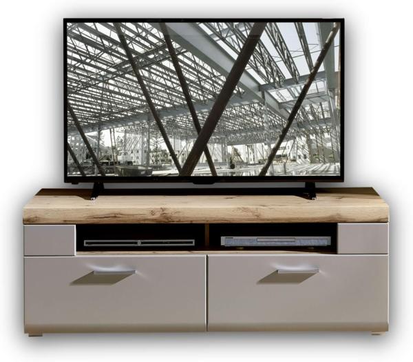 Stella Trading FUN PLUS 2 TV-Board in Basalt mit schönem Eiche-Dekor Oberboden - hochwertiges Low-Board für Ihr Wohnzimmer - 140 x 51 x 47 cm (B/H/T)