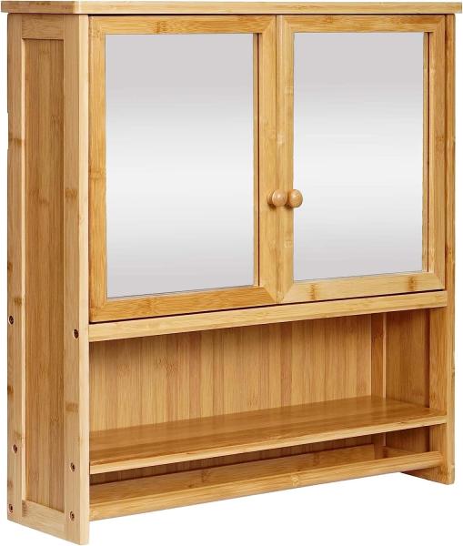 Spiegelschrank HWC-B18, Badspiegelschrank Hängeschrank, 3 Regalböden 2 Türen Spiegel Bambus 62x66x15cm