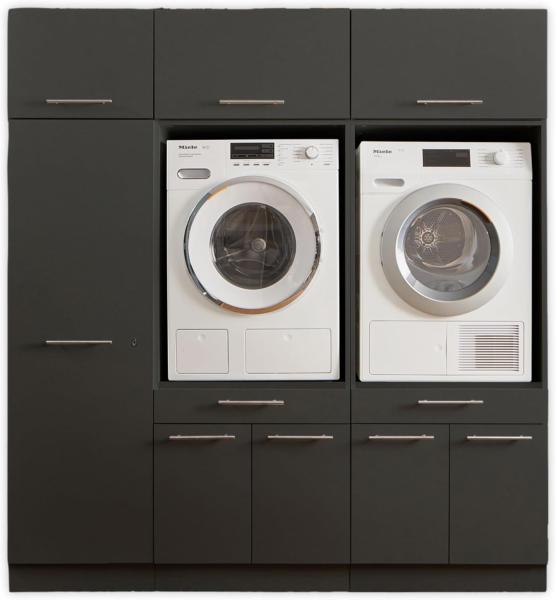 LAUNDREEZY 2x Waschmaschinenschrank, Mehrzweckschrank und 3x Schrankaufsatz, Anthrazit - Waschmaschinen-Überbauschrank TÜV-zertifiziert mit viel Stauraum - 185 x 200 x 67,5 cm (B/H/T)