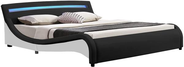 Juskys Polsterbett Malaga 140 x 200 cm – Bett mit Lattenrost & LED Beleuchtung im Kopfteil – Holz Bettgestell mit Kunstleder – Jugendbett schwarz