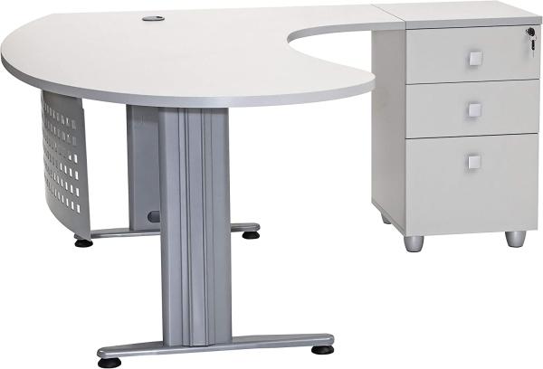 Furni24 Schreibtisch Chefschreibtisch Schreibtisch Winkeltisch PC Tisch Moderner Bürotisch Computertisch mit großer Arbeitsfläche Gela Grau Dekor rechts gewinkelt Ink. Beistellcontainer mit Schubladen