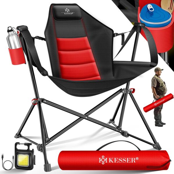 KESSER® Campingstuhl faltbar bis 160 kg | Angelstuhl Faltstuhl Klappstuhl Gepolstert mit Armlehnen | Campinglicht und Getränkehalter + Tasche mit hoher Rückenlehne | Strandstuhl mit Wippfunktion Rot / Schwarz