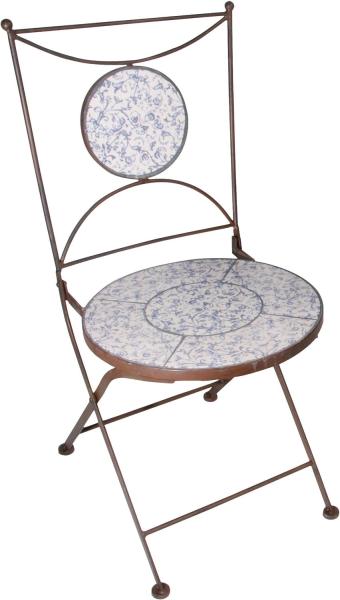 Esschert Design Gartenstuhl mit Sitzfläche und Rückteil (Teil davon) aus Keramik in blau-weiß, ca. 42 cm x 54 cm x 89 cm