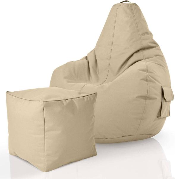 Green Bean© 2er Set Sitzsack + Hocker "Cozy+Cube" - fertig befüllt - Bean Bag Bodenkissen Lounge Sitzhocker Gamingstuhl Pouf - Beige