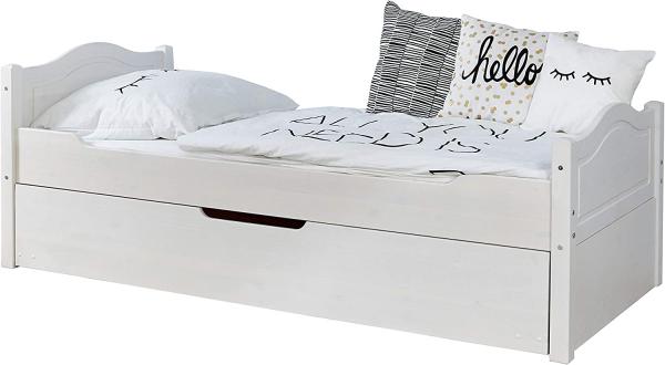 Ticaa Einzelbett 'Leni' 100x200 Kiefer massiv - mit Zusatzbett - weiß