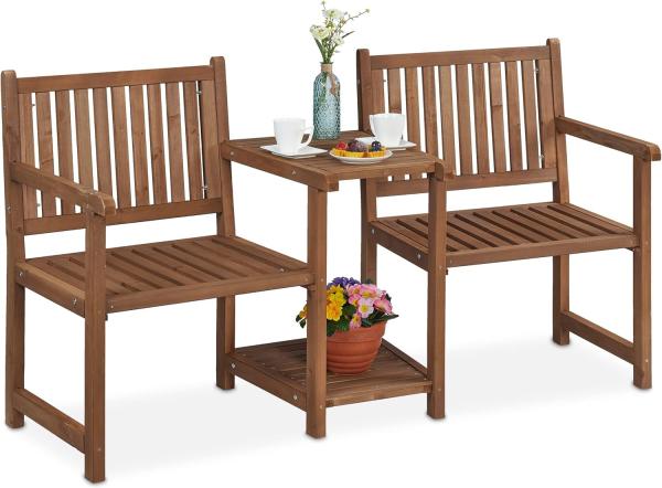 Relaxdays Gartenbank mit integriertem Tisch, 2-Sitzer, robuste Holz Sitzbank, Garten & Balkon, HBT: 86x161x61 cm, braun, 100%