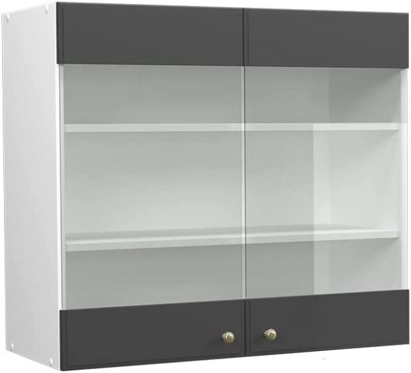 Vicco Küchenschrank Küchenmöbel Fame-Line Landhaus Küche Einbauküche Küchenzeile Blende Unterschrank Hochschrank Hängeschrank (Weiß-Anthrazit-Gold, Hängeglasschrank 80 cm)