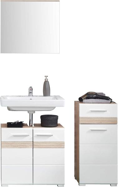 Badmöbel Set SetOne Hochglanz weiß und Eiche 3-teilig 110 cm, ohne Waschbecken
