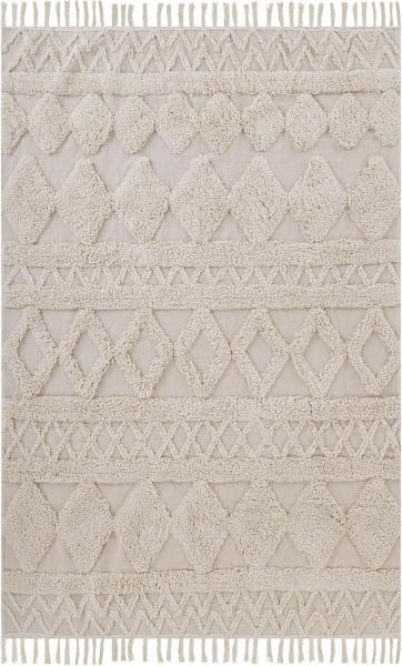 Teppich Baumwolle beige 140 x 200 cm geometrisches Muster Fransen Kurzflor DIDIM