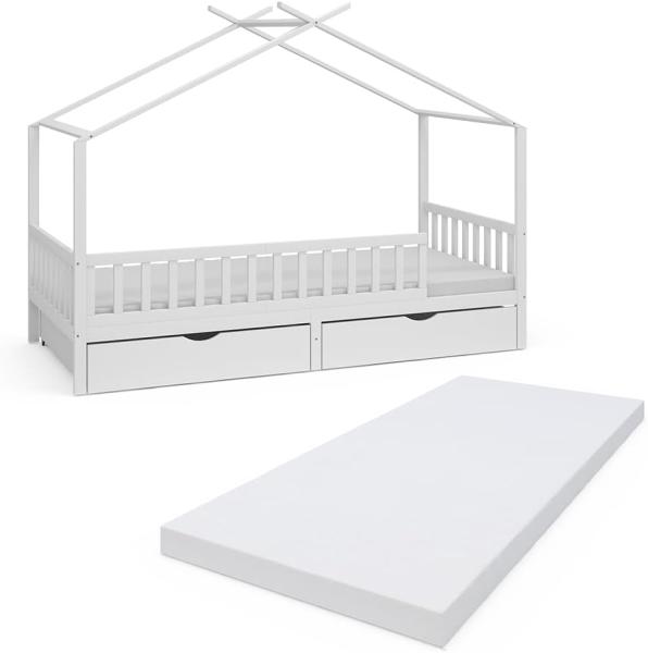 Livinity 'Franka' Hausbett, weiß, modern, Kinderzimmer, mit Bettschublade, Lattenrost, Rausfallschutz, Matratze, 90 x 200 cm