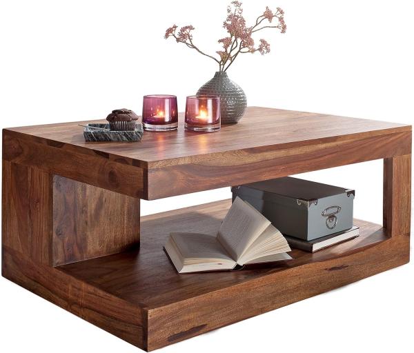 Wohnling Couchtisch Massiv-Holz 90 cm Design Wohnzimmer-Tisch dunkel-braun, Sheesham