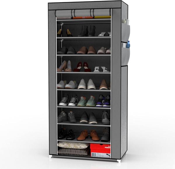 INTIRILIFE Faltschrank 170x58x28 cm in ASCH GRAU - mit Reißverschluss Stoffschrank Kleiderschrank Schuhregal mit 9 Ablagefächern - Camping Steckschrank Textil Garderobe