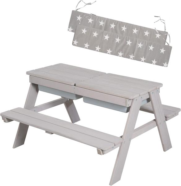 roba 'Picknick for 4, Outdoor +' Kindersitzgarnitur mit Spielwannen und Bankkissen, Massivholz grau, 89 x 50 x 85,5 cm