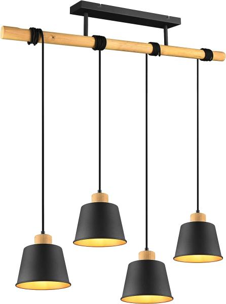 Balken Pendelleuchte HARRIS 4 flammig Schwarz Gold mit Holzbalken Breite 87cm