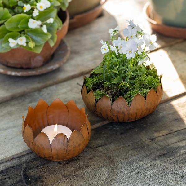 2x runde Schale "Blätter" aus Metall in Rost Optik, Ø 11 & 16 cm, Pflanzschale, Obstschale, Blumentopf, Tischdeko, Pflanzgefaß, Gartendeko für Draußen