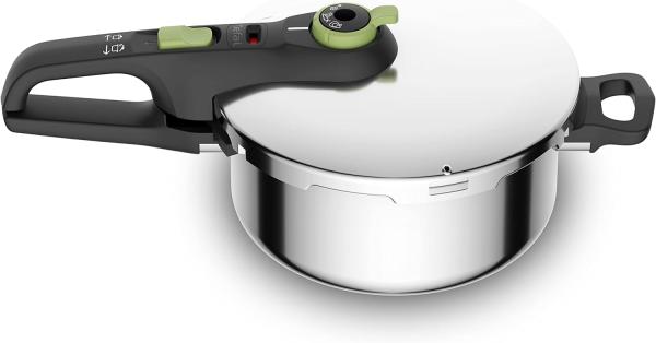 Tefal P2580400 Secure Trendy Schnellkochtopf 4 L | 2-Stufen-Garregler: Intensivstufe 117°C, Schonstufe 112°C | Induktions-Kapselboden | für alle Herdarten | kurzer Gegengriff | Edelstahl/Schwarz/Grün