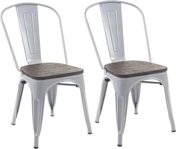 2er-Set Stuhl HWC-A73 inkl. Holz-Sitzfläche, Bistrostuhl Stapelstuhl, Metall Industriedesign stapelbar ~ grau