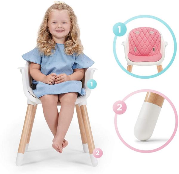 Kinderkraft 'Sienna' Kinderhochstuhl 2 in 1 Pink, Beine aus Holz, 5-Punkt-Gurt, Fußstütze, rutschfeste Stuhlbeinkappen inkl. abnehmbares Essbrett
