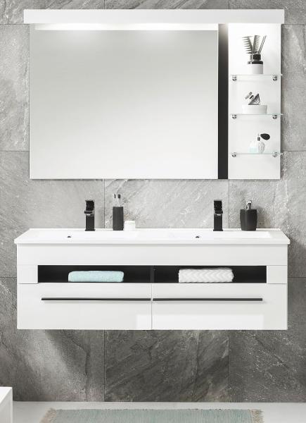 Badmöbel Set 3-teilig Design-D in Hochglanz weiß 120 x 200 cm, mit Waschbecken und Beleuchtung