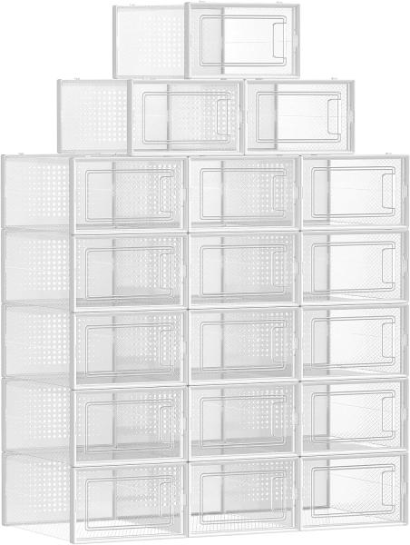 Songmics Schuhboxen, 18er Pack Schuhkartons, faltbar und stapelbar, bis Größe 44, transparent-weiß LSP18SWT