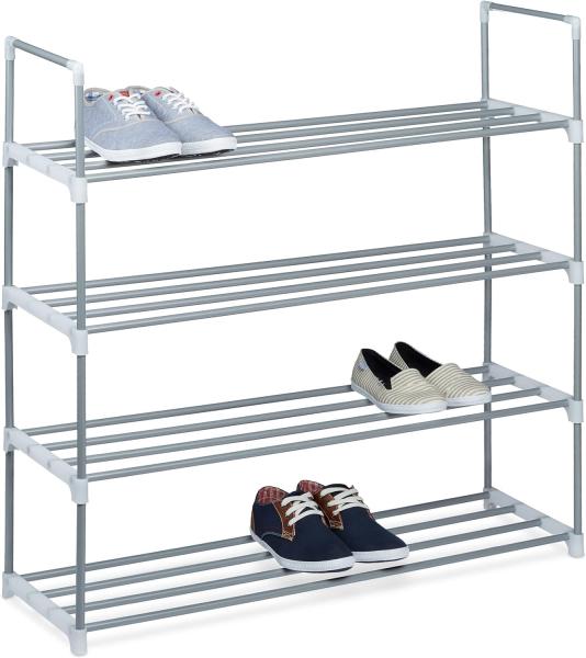 Relaxdays Schuhregal Stecksystem, 4 Ebenen, für 16 Paar Schuhe, HxBxT: 93 x 90 x 31 cm, Schuhständer Metall, silber/weiß