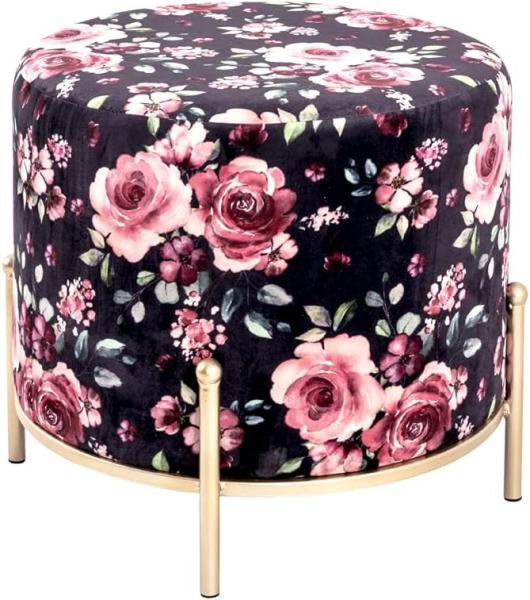 HAKU Möbel Hocker - aus MDF mit Textilgewebe aus Samt mit (Motiv Black Rose) bezogen, Sitzfläche gepolstert, Metall in goldfarben lackiert, montiert, bunt-Gold, 48 x 48 x 40 cm