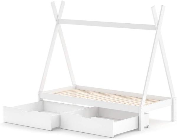VitaliSpa Tipibett, Weiß, 90 x 200 cm, höhenverstellbar, inkl. Lattenrost und Schubladen-Set, Buche massiv