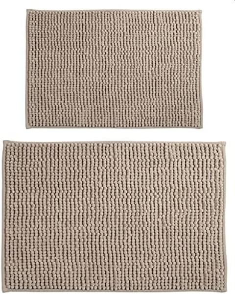 MSV Badteppich 2er Set Badvorleger Duschvorleger Chenille Hochflor Badematte 40x60 cm + 60 x 90 cm – Taupe